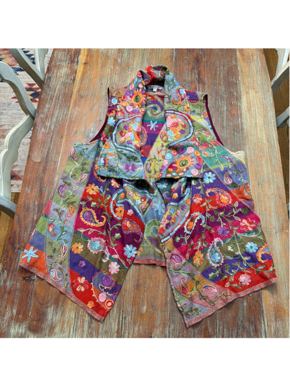 TravelSmith XL 100% Wool Embroidered Patchwork Vest Paisley Boho Drape HOLES